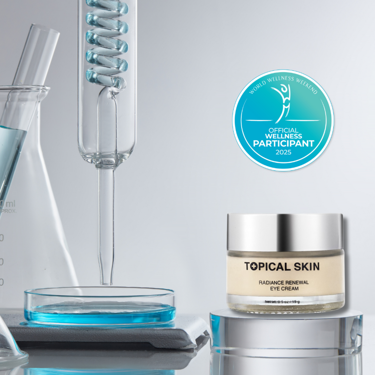 Radiance Renewal Eye Cream + NMF Complex TOPICAL SKIN eye cream in beige jar with silver cap, NMF complex
