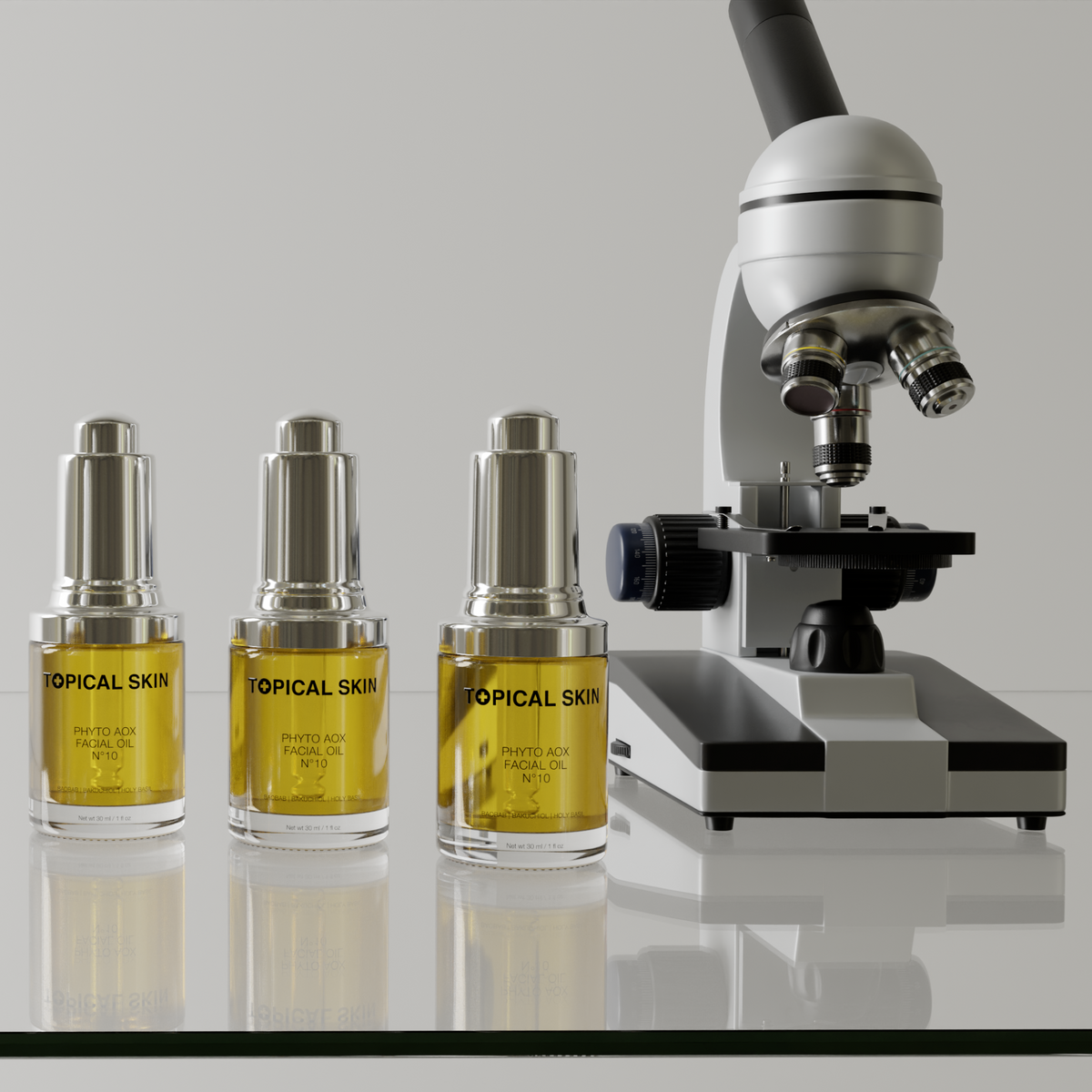Five clear glass skincare dropper bottles with silver caps and yellow liquid inside, labeled 'TOPICAL SKIN', arranged on a glass shelf next to a microscope against a light gray background.