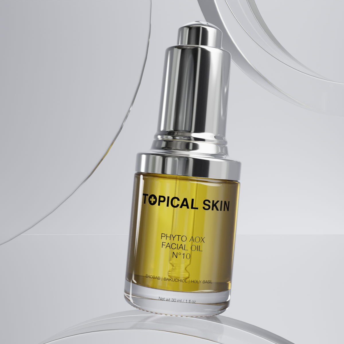 Phyto AOX Facial Oil N°10 with Exposome Defense Technology and beakers