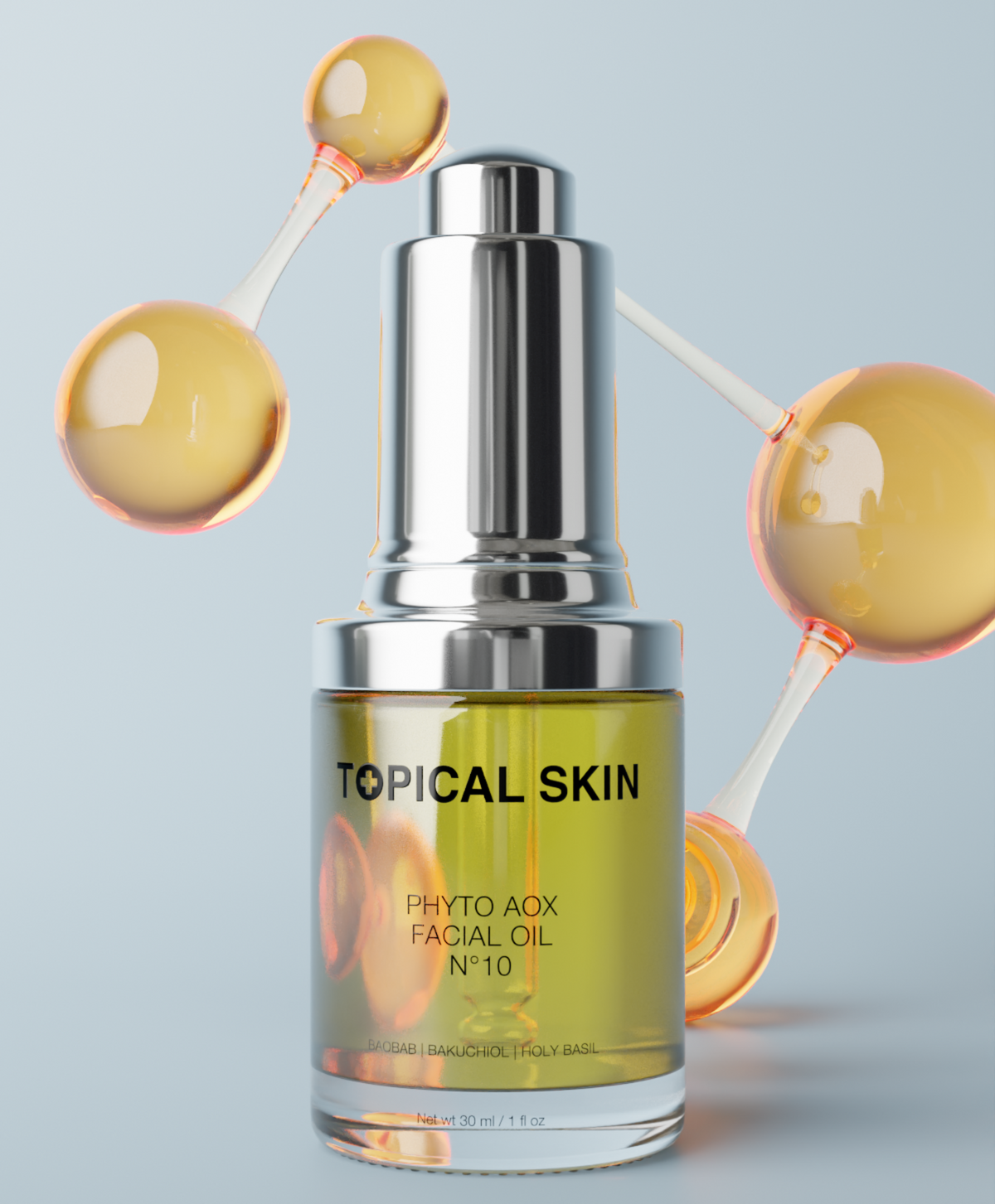 Phyto AOX Facial Oil N°10 with Exposome Defense Technology bottle with a molecule and blue background