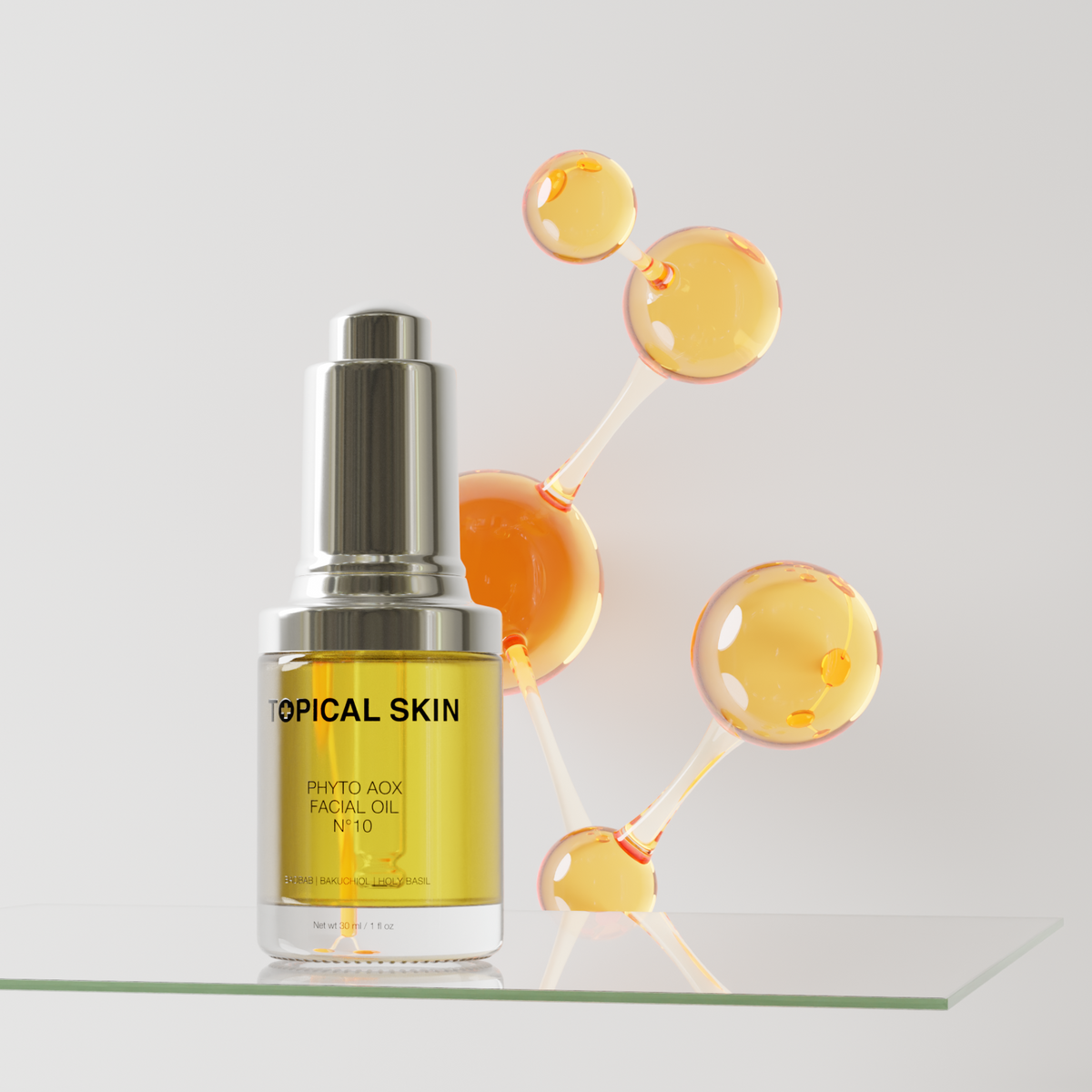 Phyto AOX Facial Oil N°10 with Exposome Defense Technology on a a glass shelf with a yellow molecule