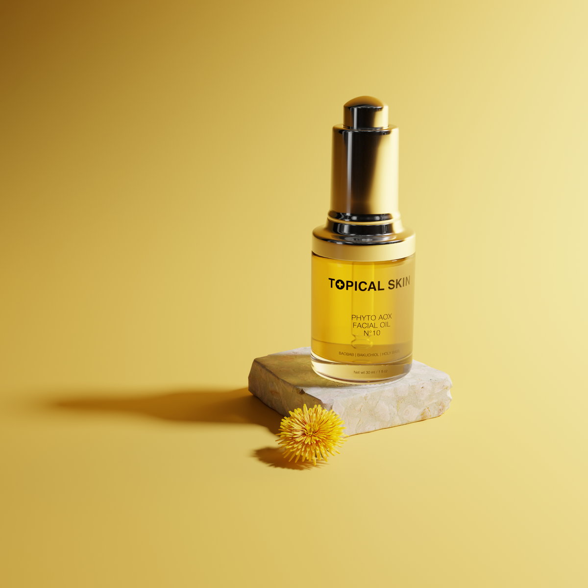 TOPICAL SKIN Phyto AOX Facial Oil No 10 bottle on yellow background