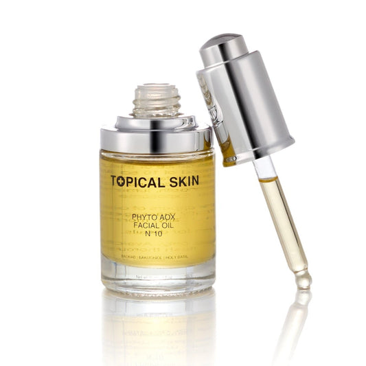 Phyto AOX Facial Oil N°10 with Exposome Defense Technology, TOPICAL SKIN CLEAN DERMACEUTICALS facial oil golden amber glass.
