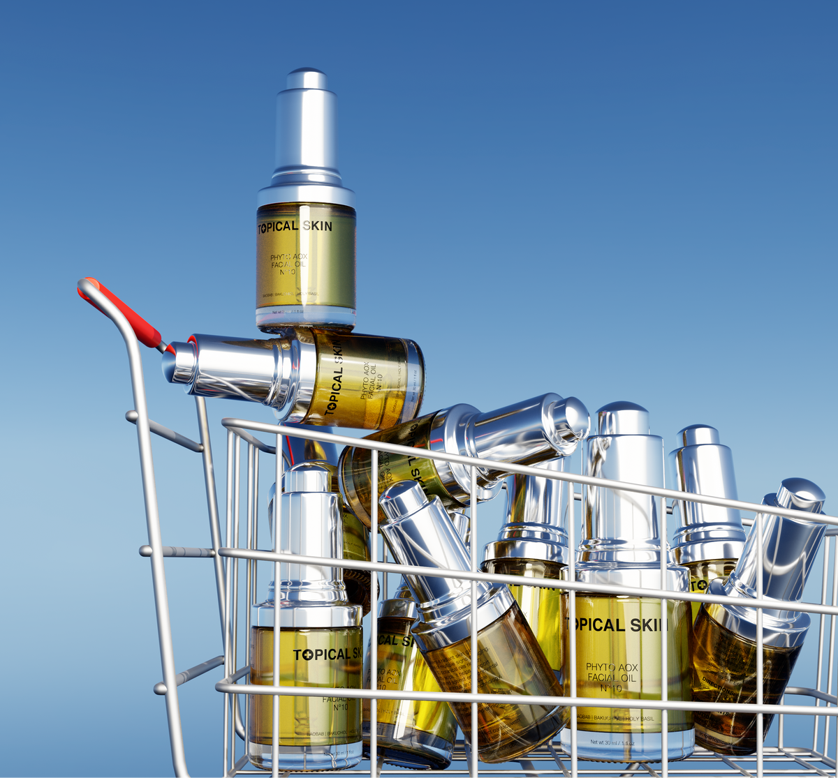 A group of cosmetic bottles inside a white shopping cart against a clear blue sky background. The brand name 'TOPICAL SKIN' is visible on several containers.