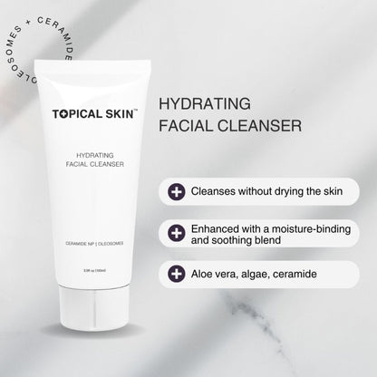 Hydrating Facial Cleanser with Oleosomes TOPICAL SKIN facial cleanser, white tube, ceramide oleosomes.