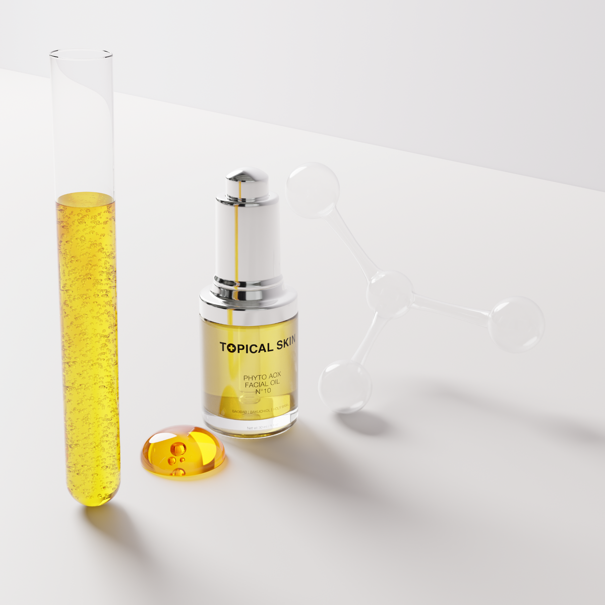molecule beaker and bottle of a face oil